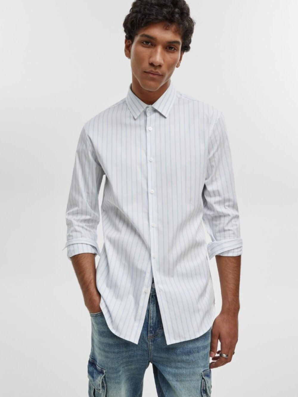 Mode of One Men's Slim-Fit Button-Down Sport Shirt, Pale Indigo Stripes NWT